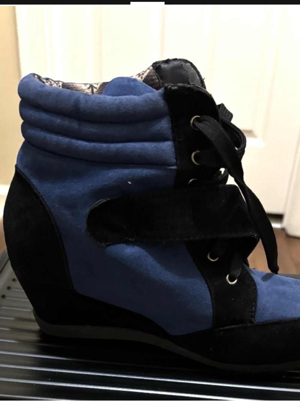 Women blue and black wedge heel sneaker booties Size 7.5